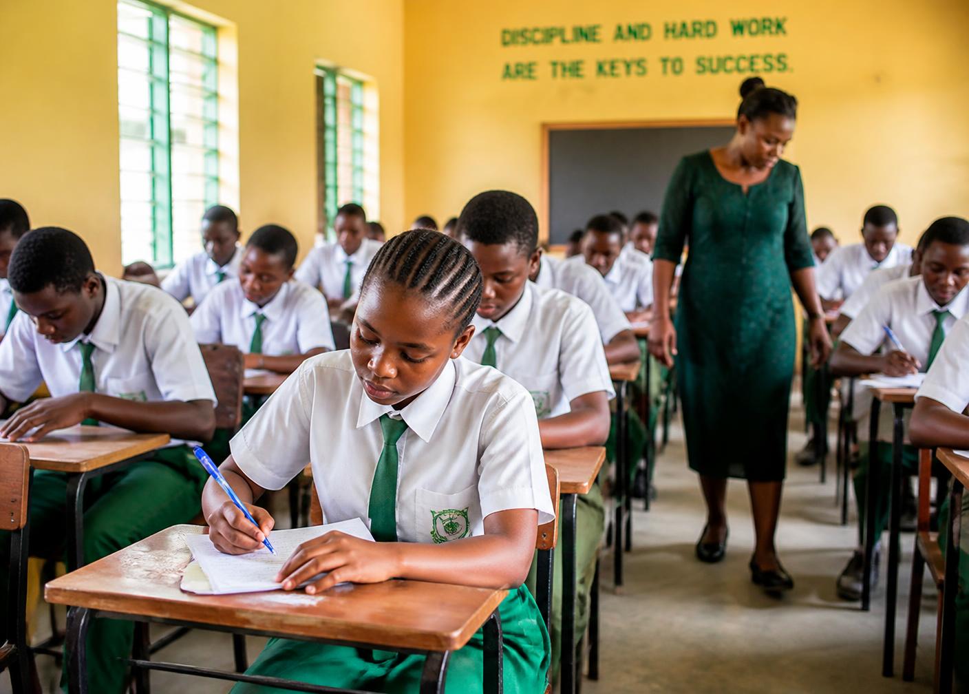 Students writing an exam in a Nigerian secondary school classroom